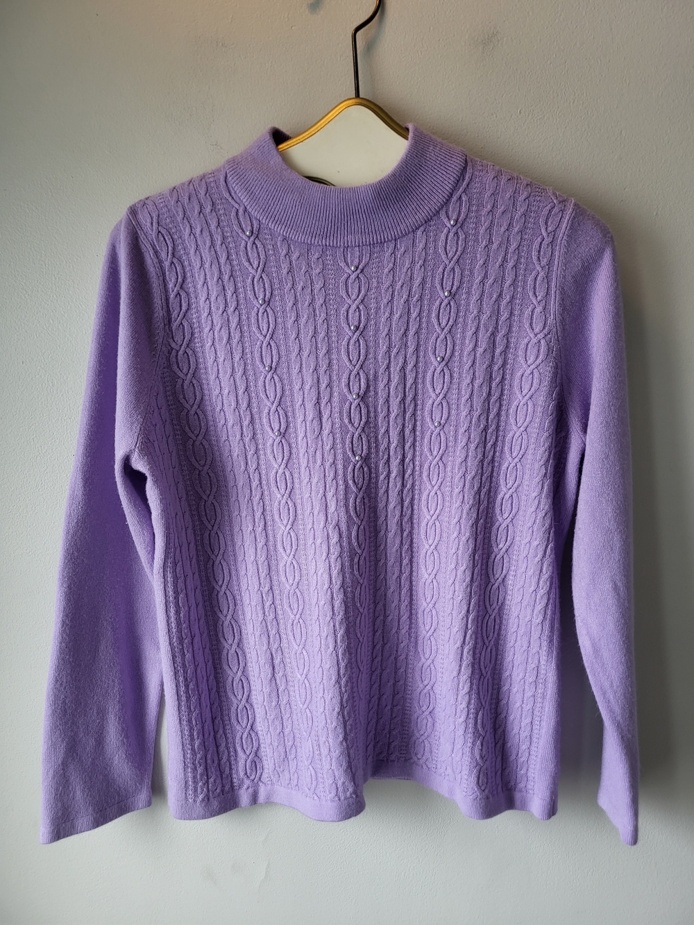 Cable-Knit Mock Neck Sweater in Lavender